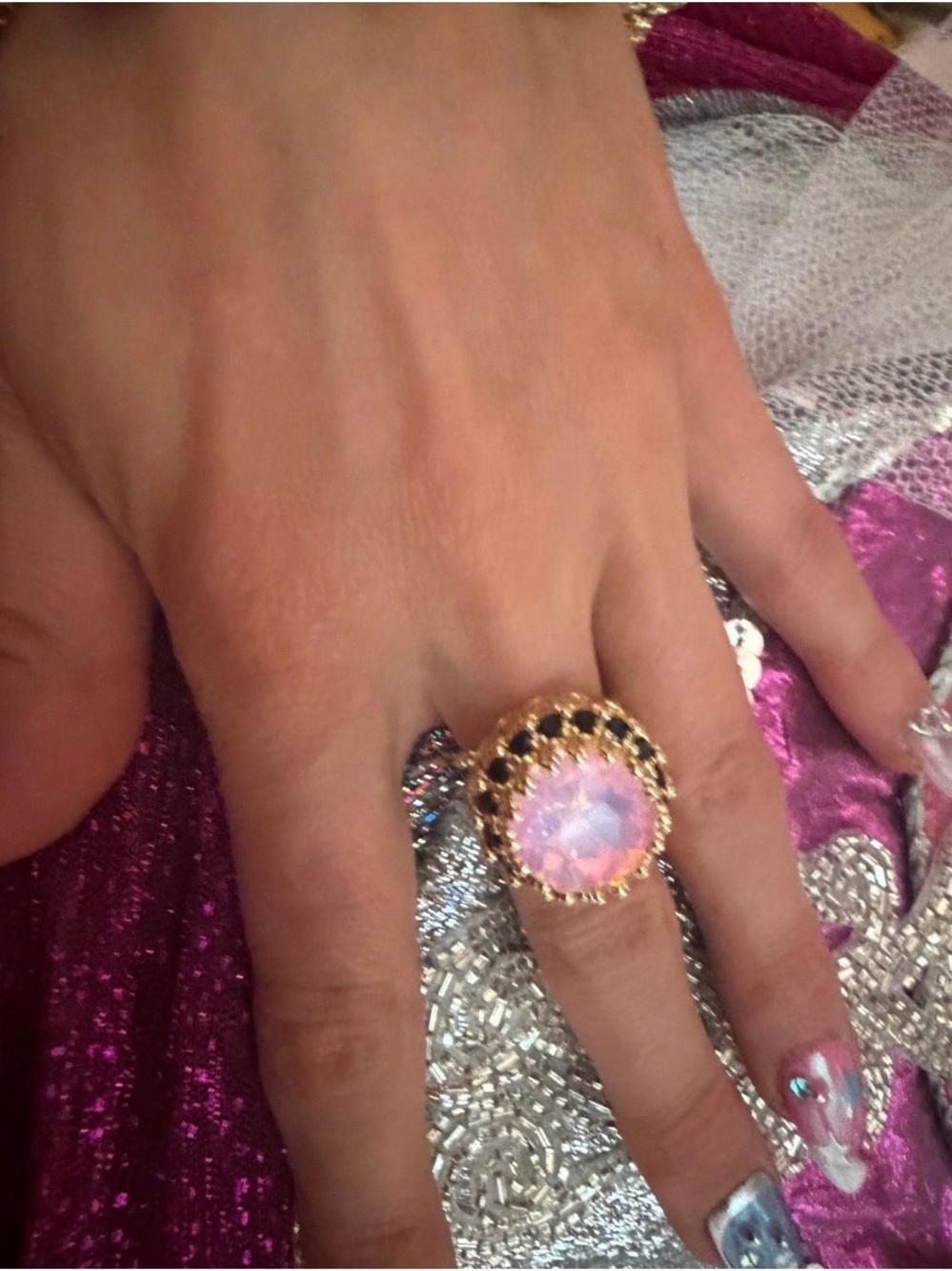 NWT Gold-Tone Pink Opal Ring with Black Rhinestones-Missing Stone